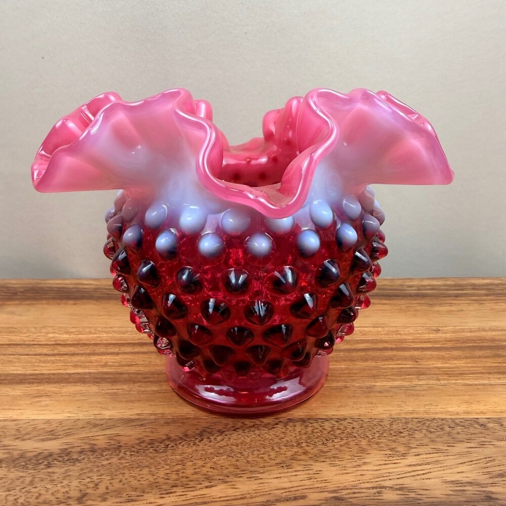 Fenton Cranberry Opalescent Hobnail Vase Double Crimp Ruffle Rim Art Glass 4.5"